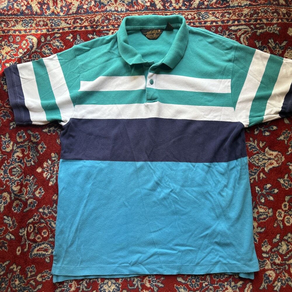 VTG 90s Eddie Bauer Polo Shirt Mens L Color Block  Blue Teal Green Stripe Cotton